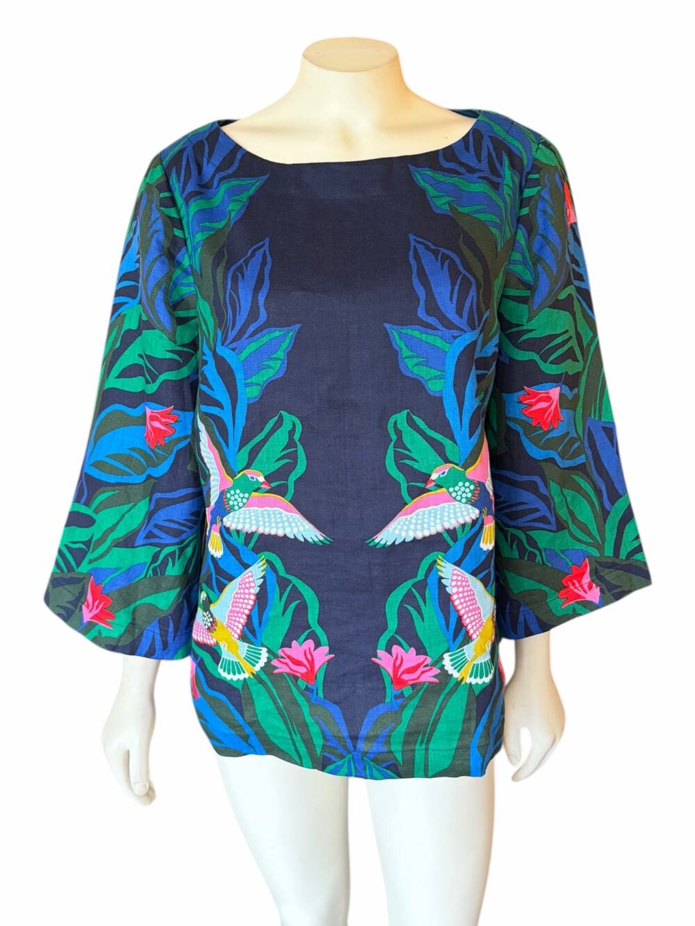 Boden Laurie Linen Top Exotic Escape Birds Tropical Multi Color Sz 10